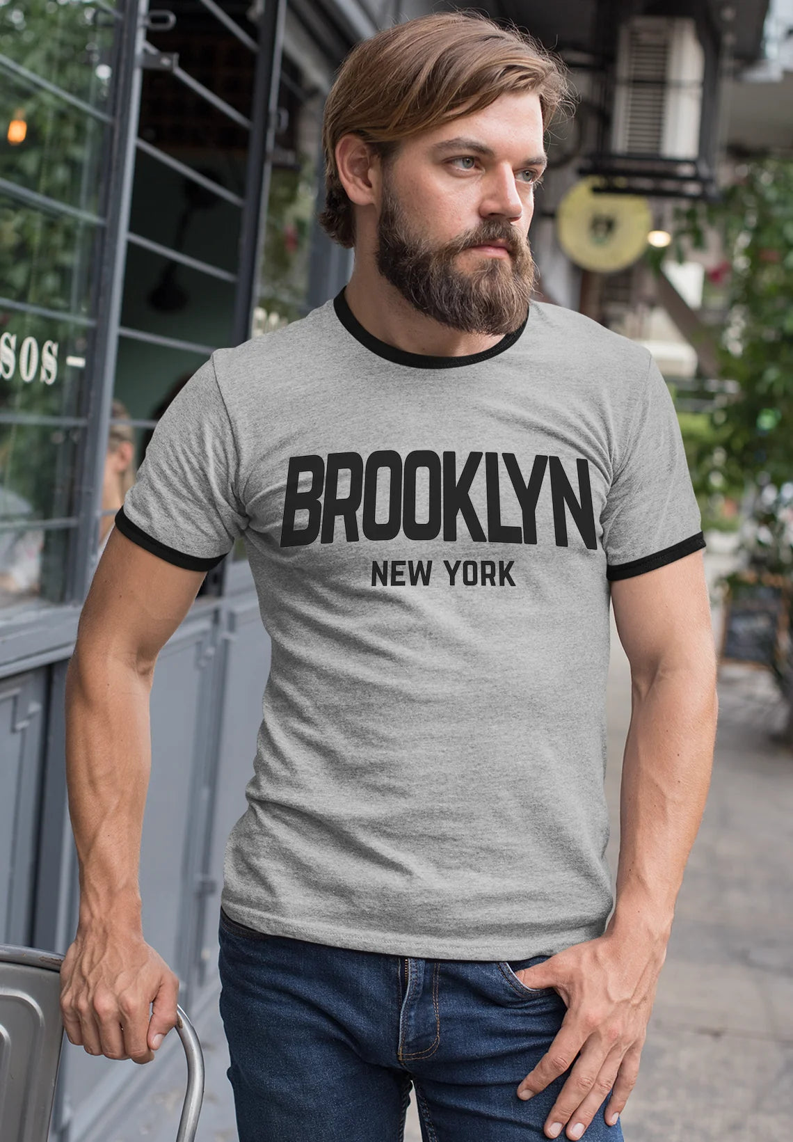 Brooklyn New York Retro Design Custom Mens Ringer T-Shirt Customized Tee Gray/Black