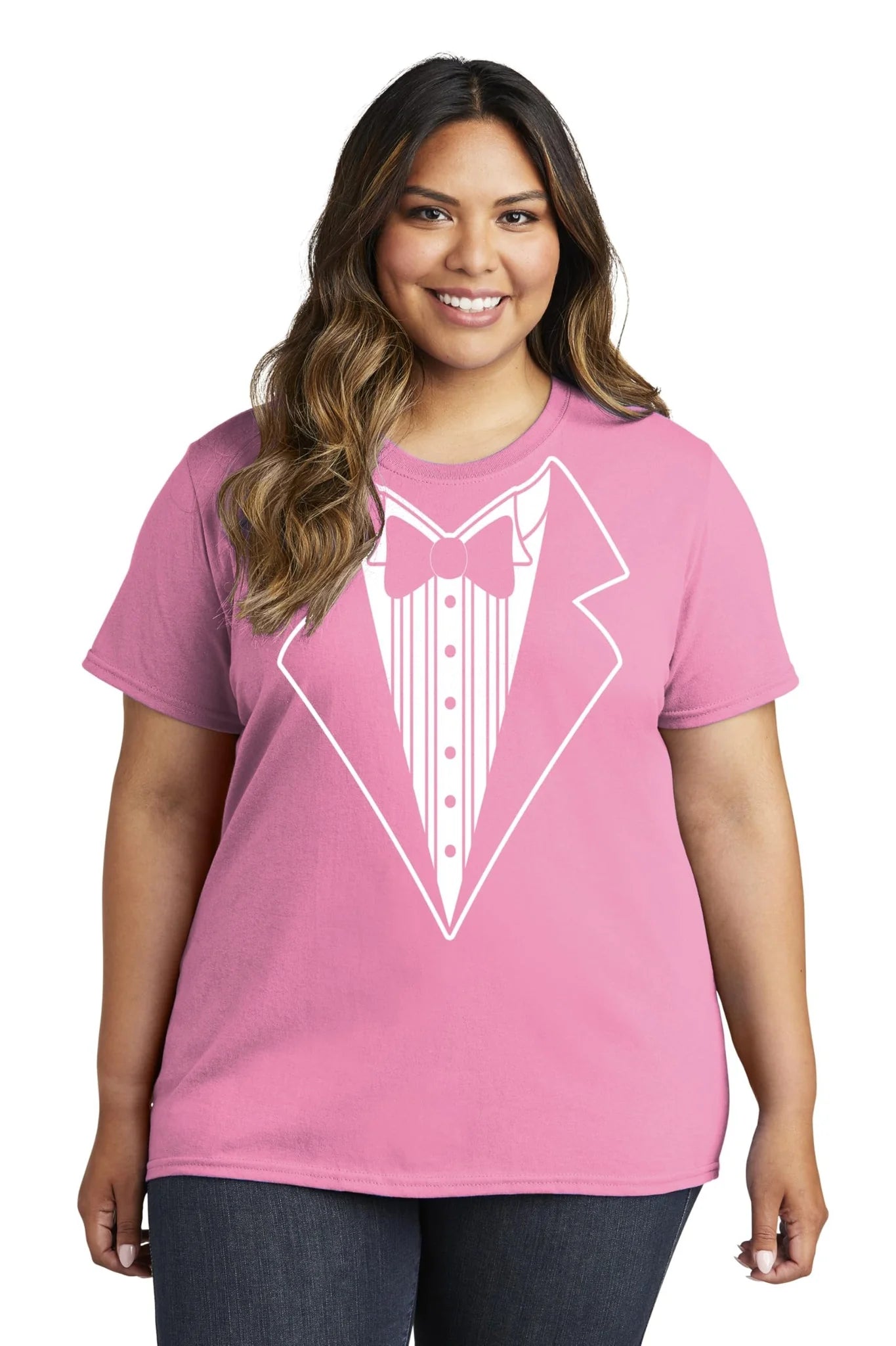Ladies Faux Tuxedo T-Shirt (Pink, Bowtie)