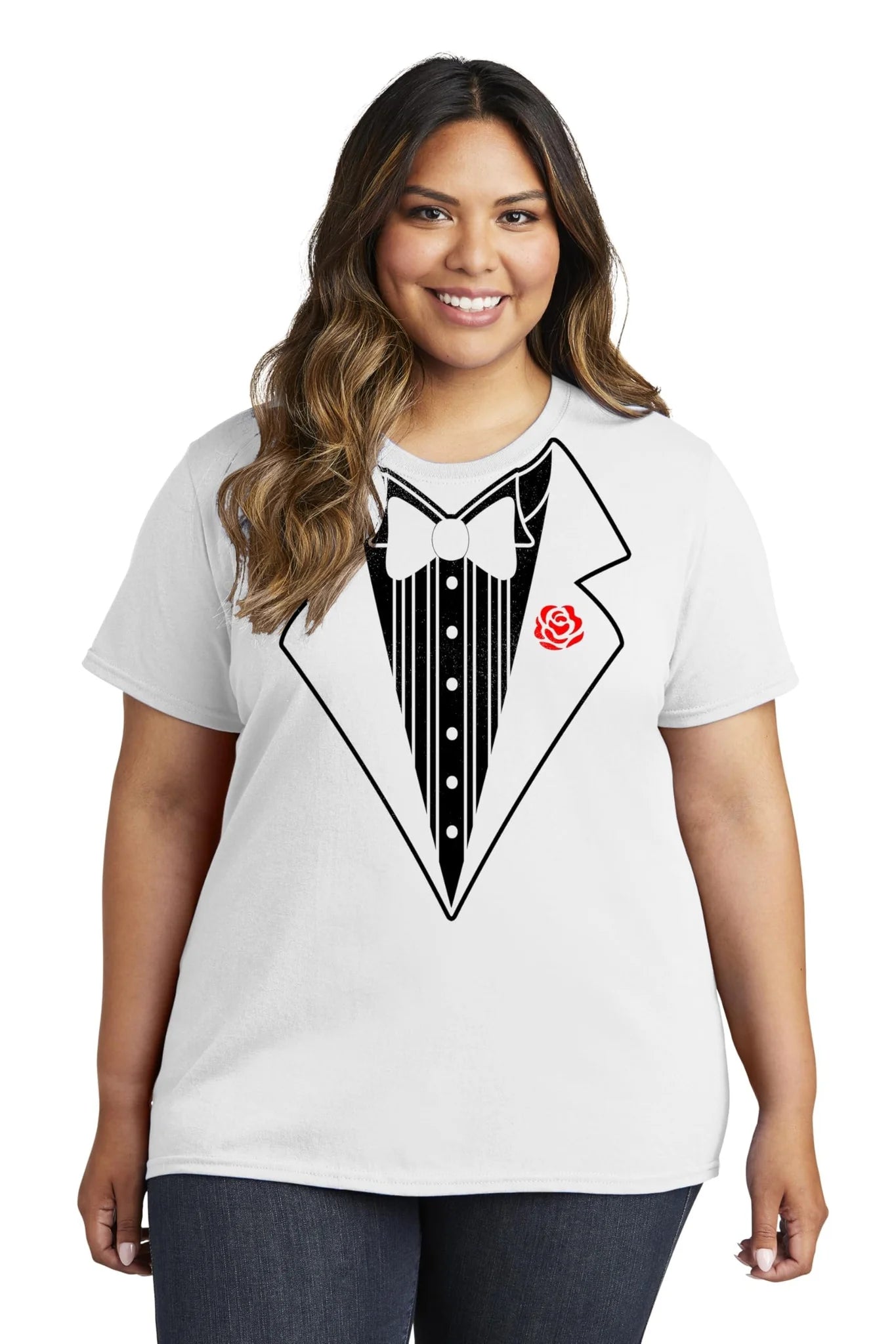 Ladies Faux Tuxedo T-Shirt (White & Rose)