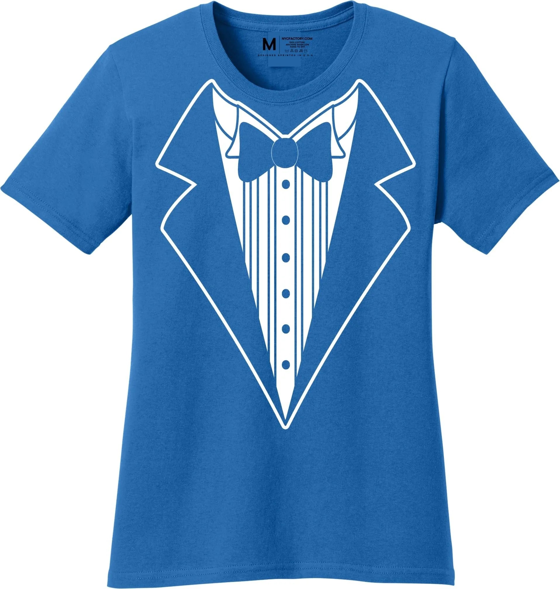 Ladies Faux Tuxedo T-Shirt (Royal Blue, Bowtie)