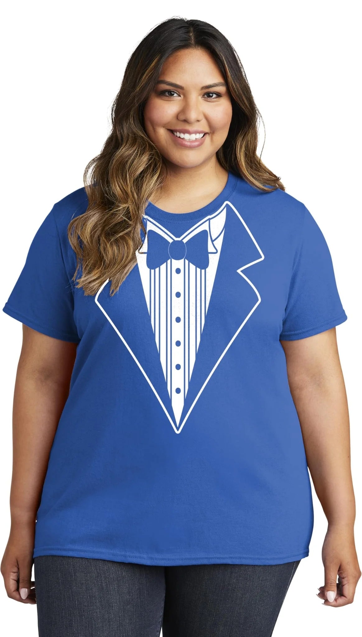 Ladies Faux Tuxedo T-Shirt (Royal Blue, Bowtie)
