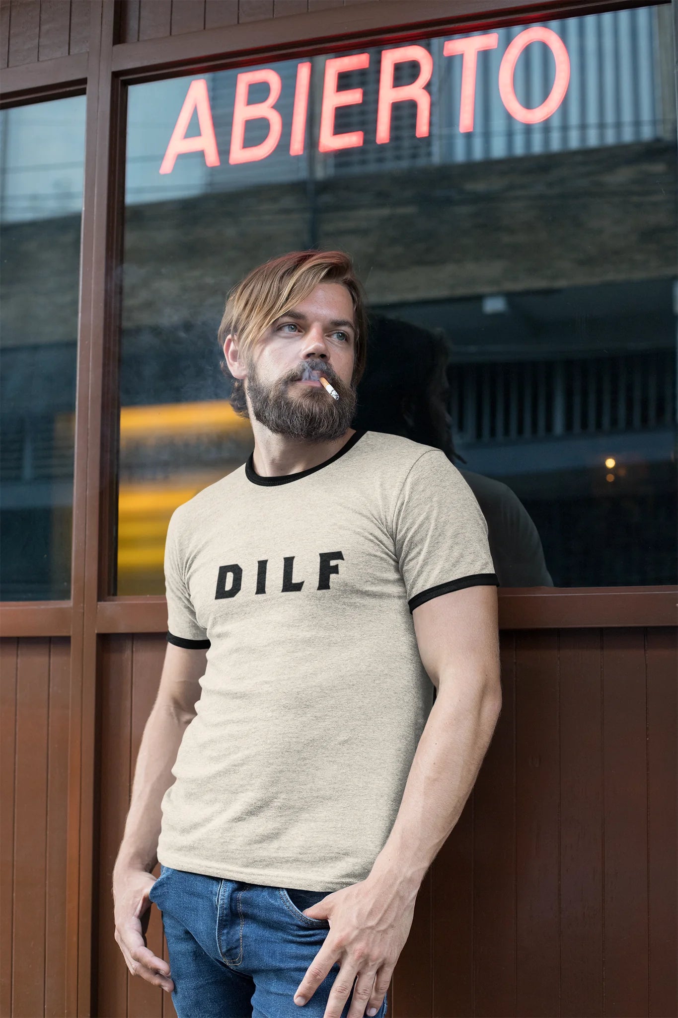 Men's DILF Ringer Dad Tee T-Shirt (Natural/Black)