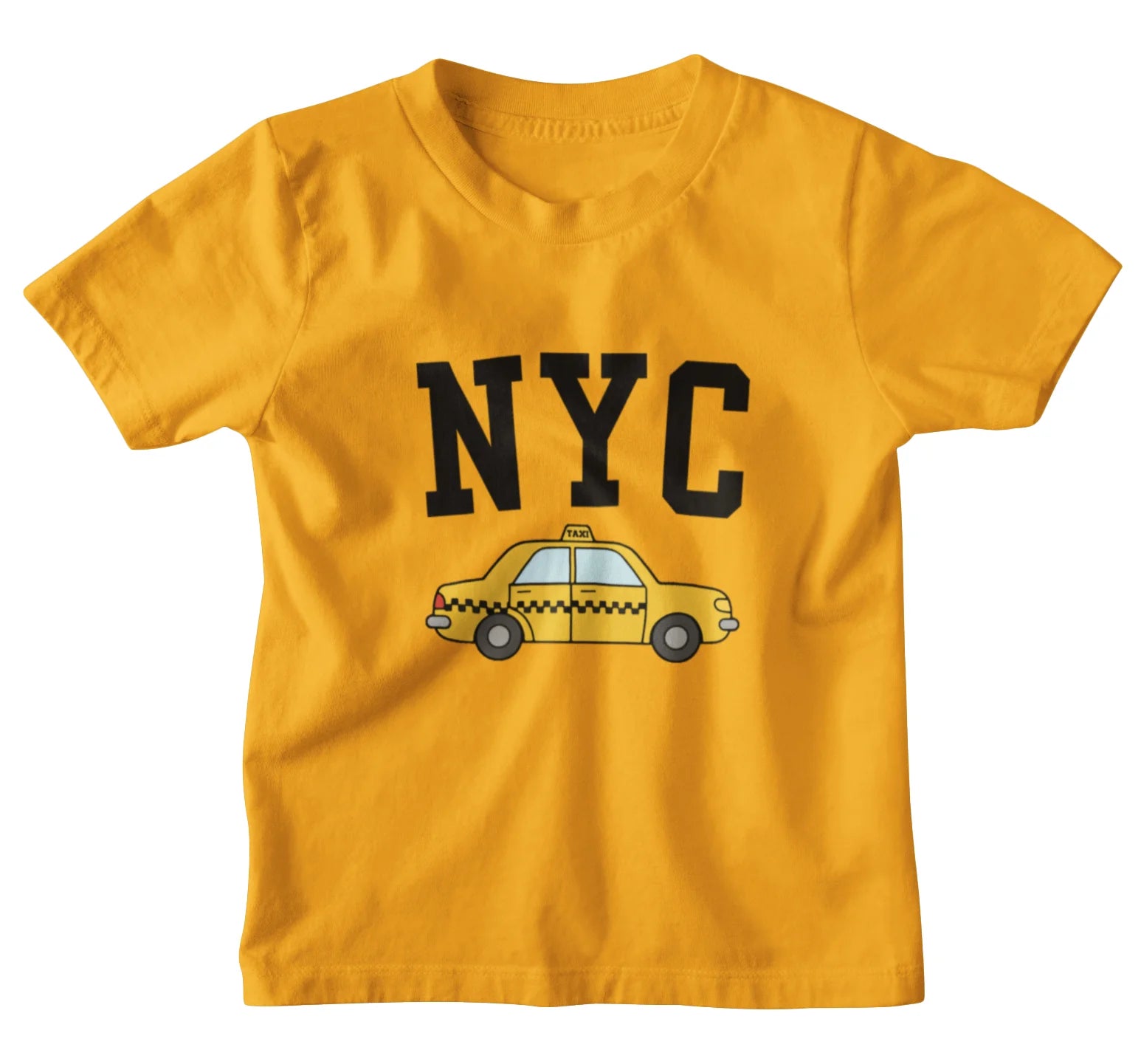 Yellow kids t-shirt with 'NYC' and taxi graphic on a white background