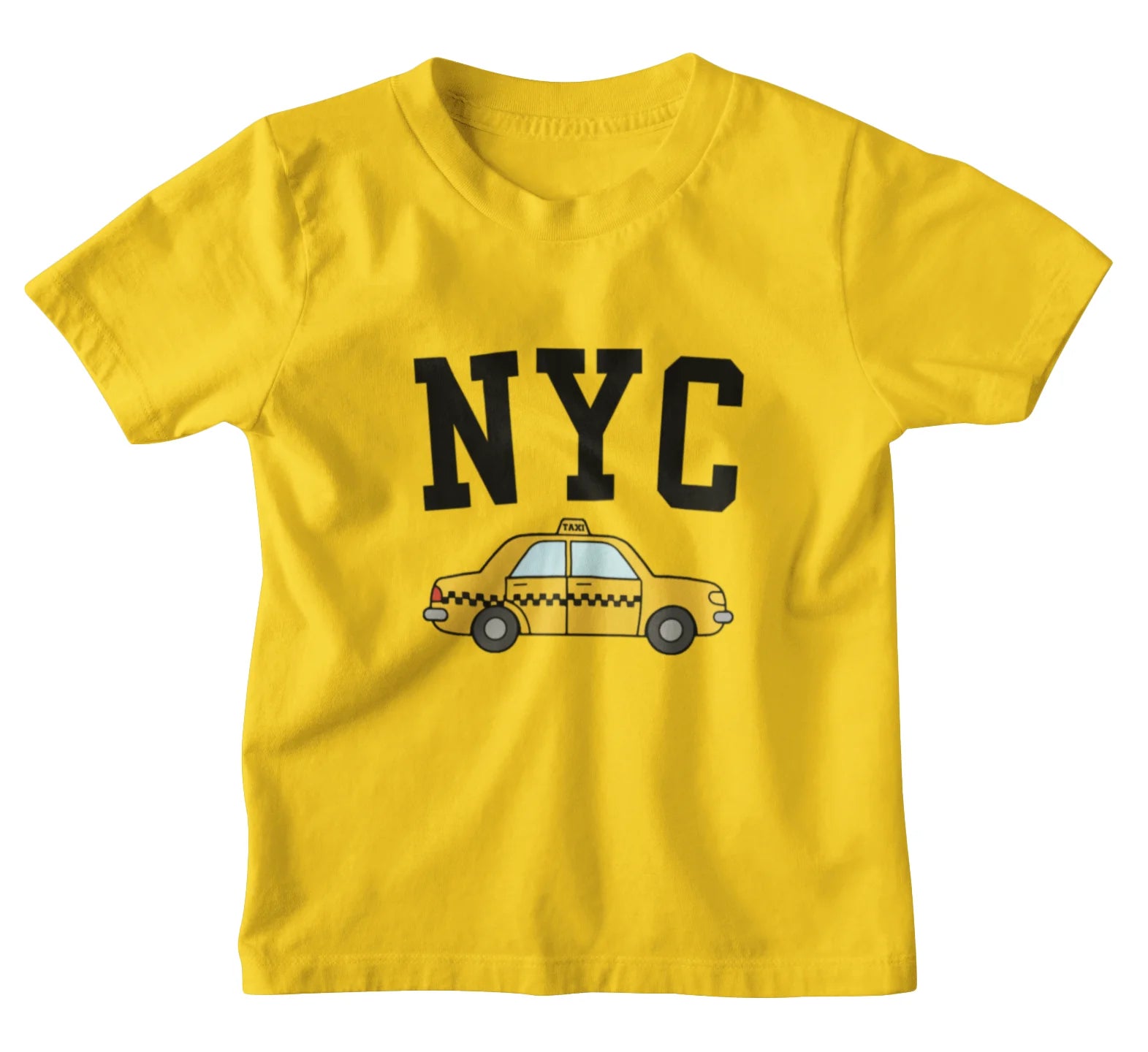 Yellow kids t-shirt with a taxi and 'NYC' text on a white background