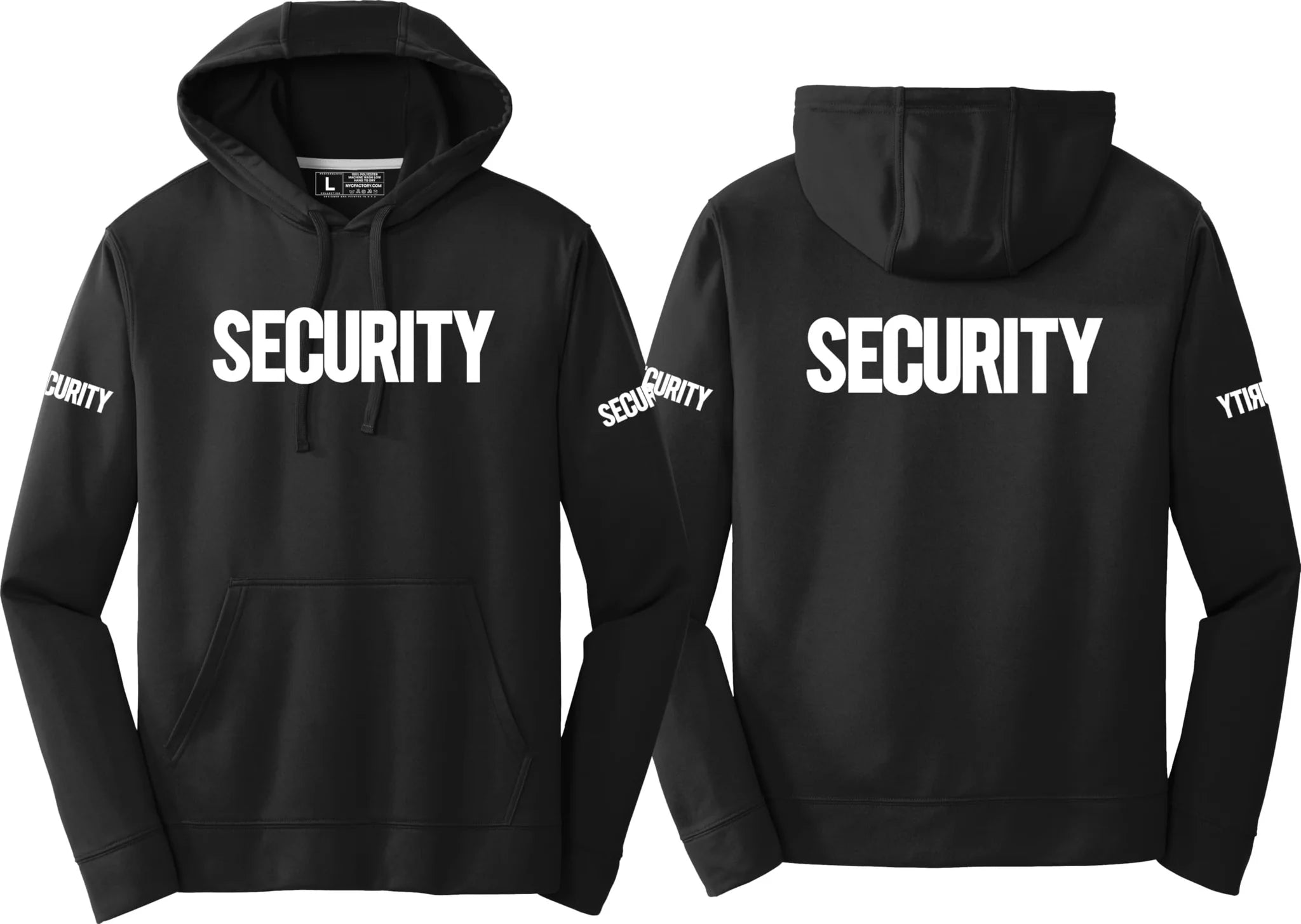 Black hoodie with 'SECURITY' printed on front and back and security on the sleeves