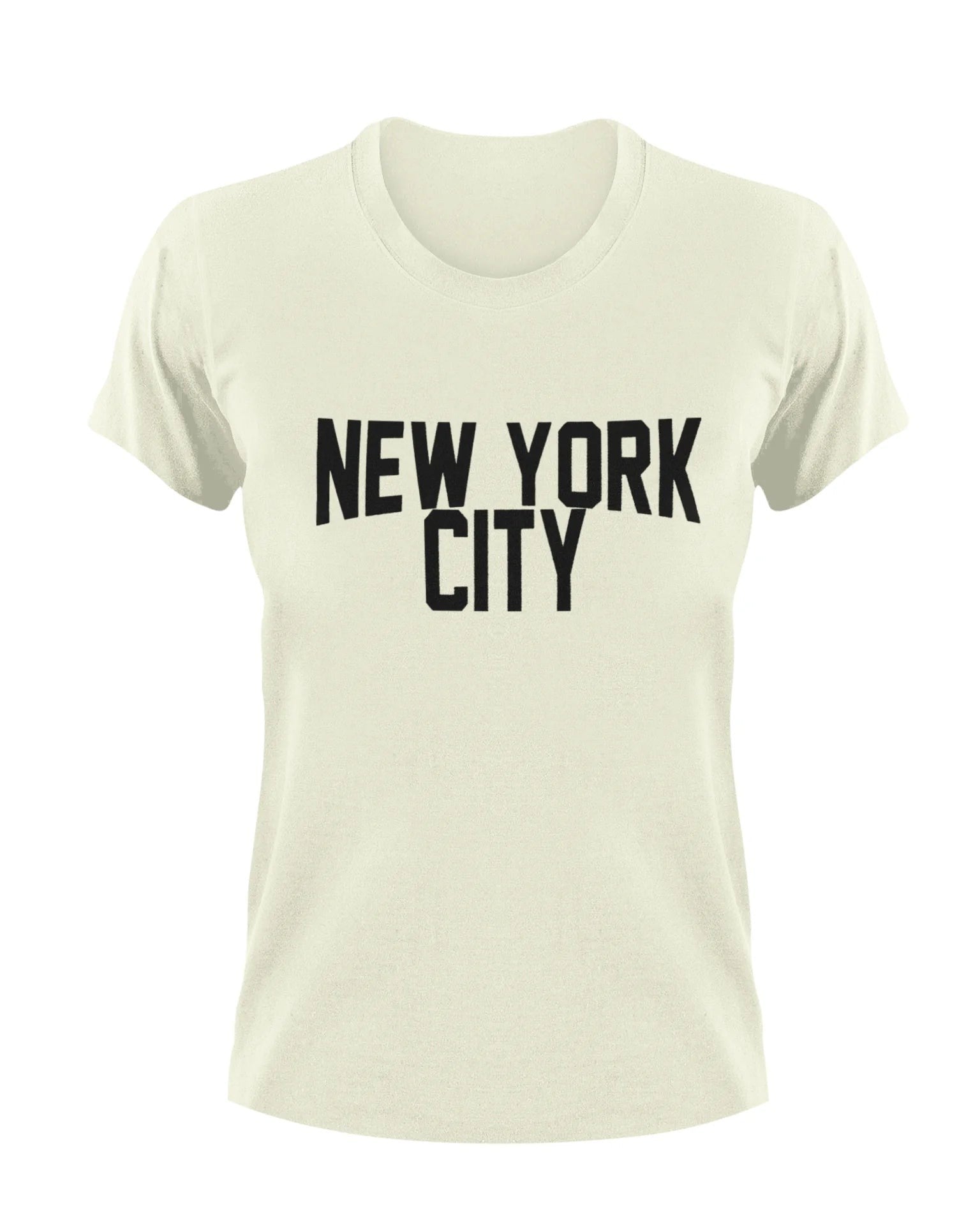 Beige t-shirt with 'New York City' text on a white background