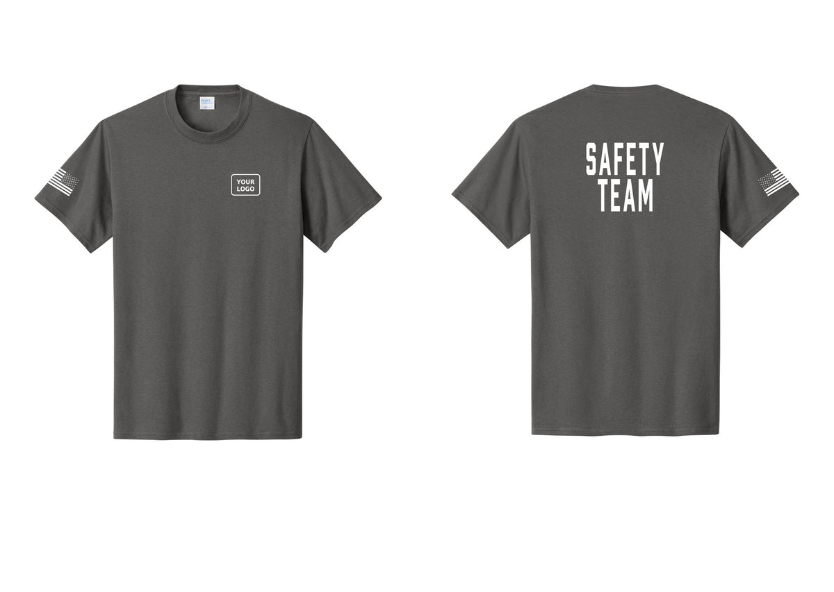 NYC Factory Custom Logo Safety Team T-Shirt for Events, Venues & Volunteers (Classic) - Your Logo + Back + US Flag Sleeve - Charcoal