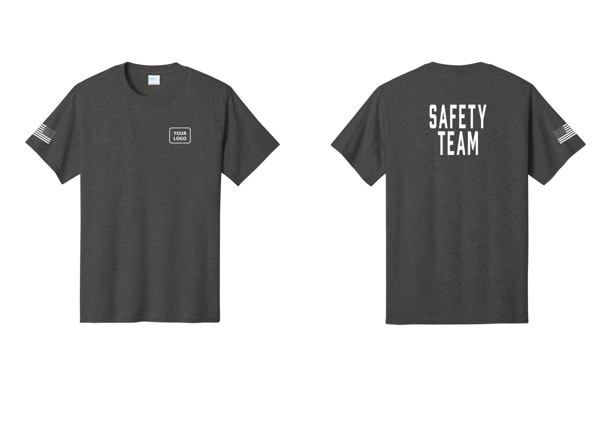NYC Factory Custom Logo Safety Team T-Shirt for Events, Venues & Volunteers (Classic) - Your Logo + Back + US Flag Sleeve - Dark Heather Grey
