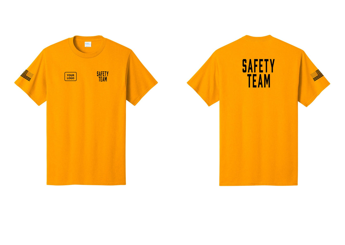 NYC Factory Custom Logo Safety Team T-Shirt for Events, Venues & Volunteers (Classic) - SAFETY TEAM + Your Logo + Back + US Flag Sleeve - Gold