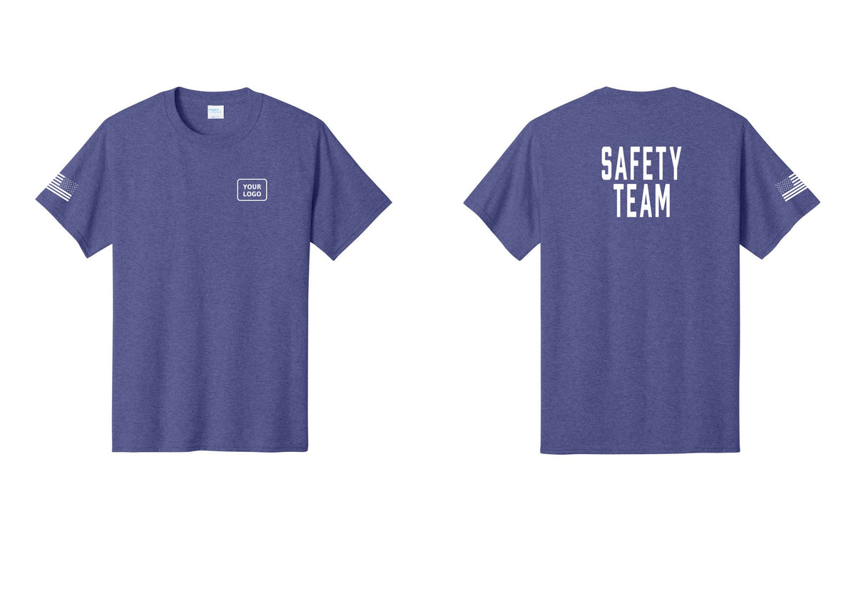NYC Factory Custom Logo Safety Team T-Shirt for Events, Venues & Volunteers (Classic) - Your Logo + Back + US Flag Sleeve - Heather Purple
