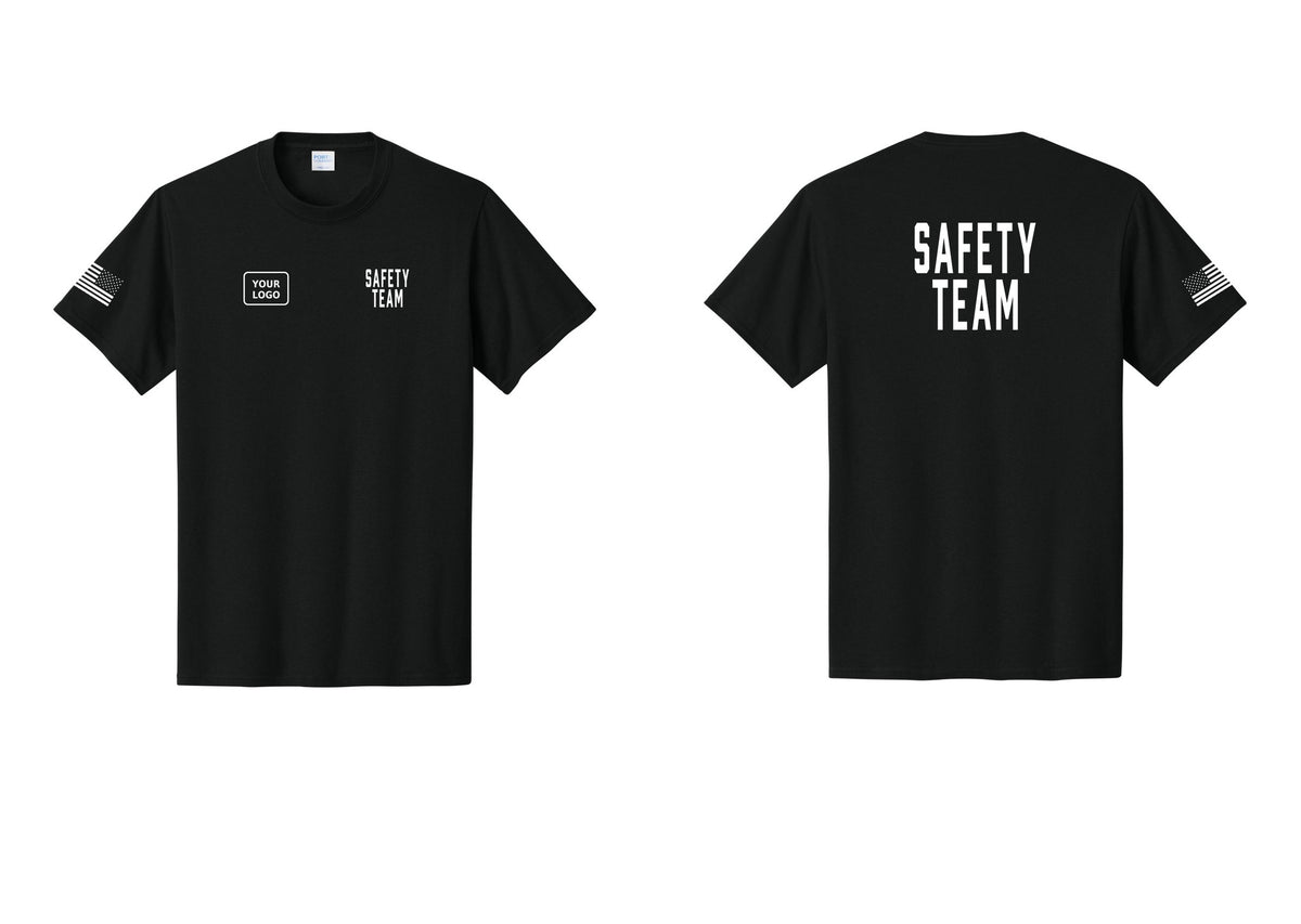 NYC Factory Custom Logo Safety Team T-Shirt for Events, Venues & Volunteers (Classic) - SAFETY TEAM + Your Logo + Back + US Flag Sleeve - Black