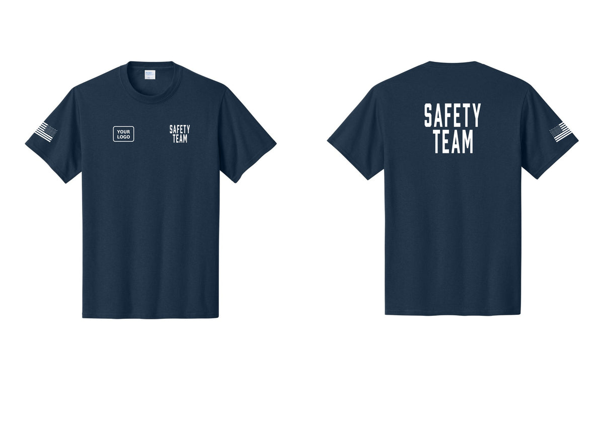 NYC Factory Custom Logo Safety Team T-Shirt for Events, Venues & Volunteers (Classic) - SAFETY TEAM + Your Logo + Back + US Flag Sleeve - Navy