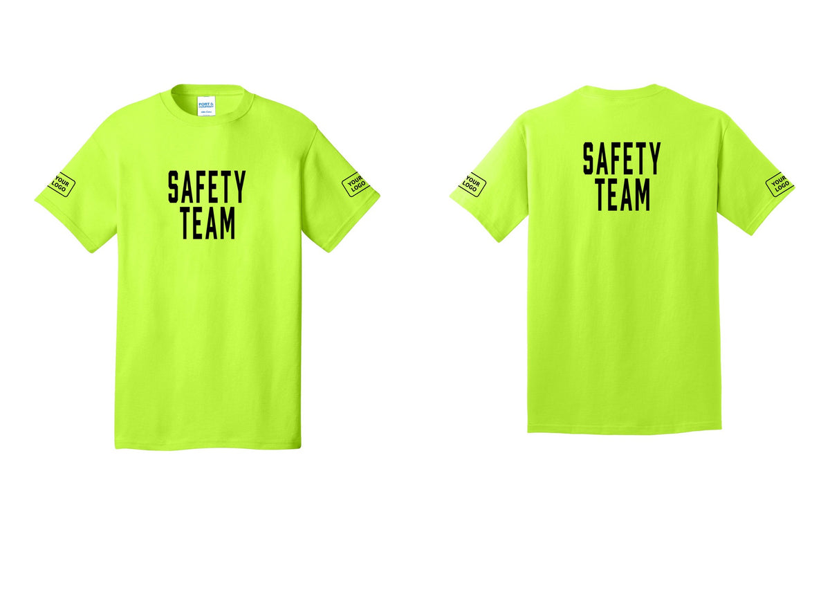 NYC Factory Custom Logo Safety Team T-Shirt for Events, Venues & Volunteers (Classic) - Front + Back + Your Logo Sleeves - Safety Green
