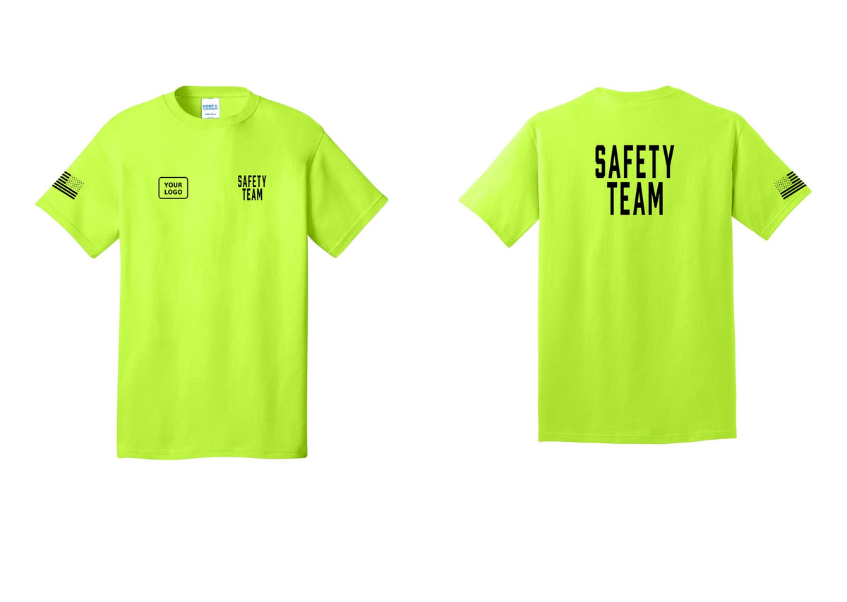 NYC Factory Custom Logo Safety Team T-Shirt for Events, Venues & Volunteers (Classic) - SAFETY TEAM + Your Logo + Back + US Flag Sleeve - Safety Green