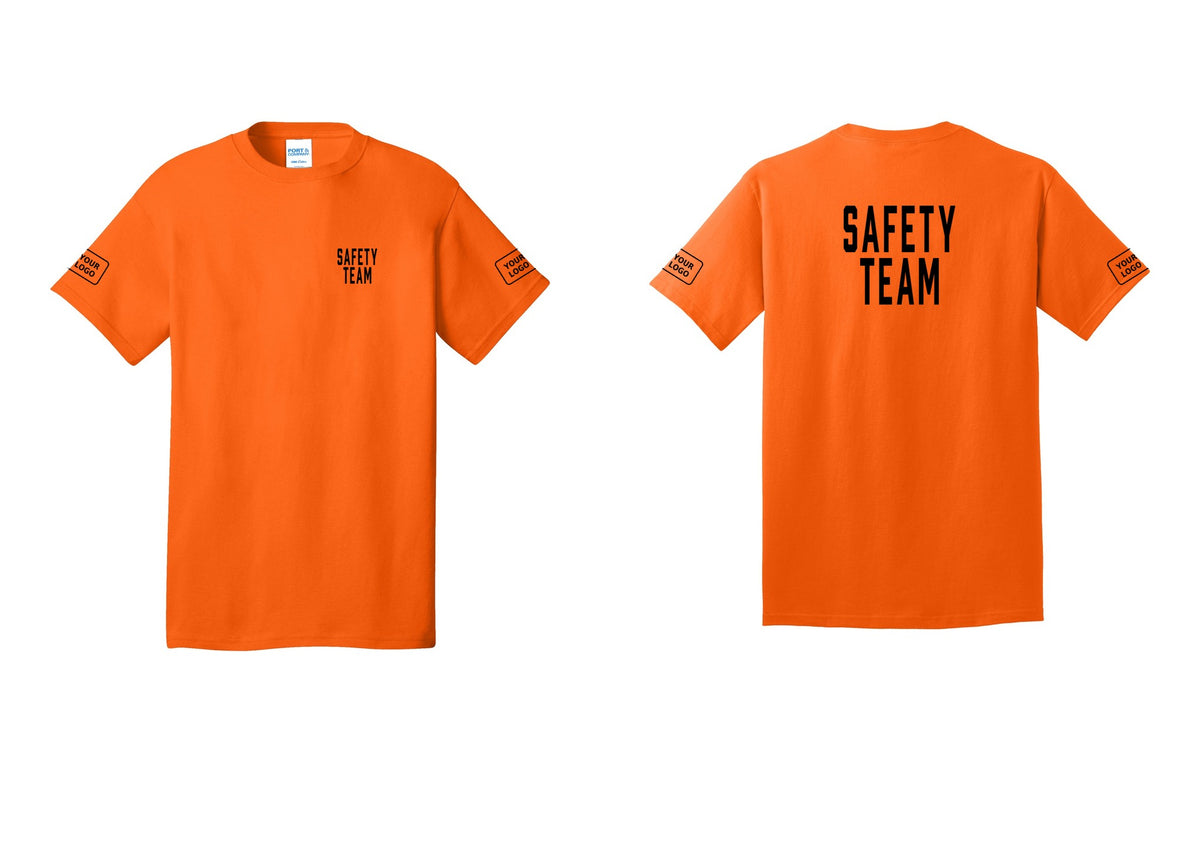 NYC Factory Custom Logo Safety Team T-Shirt for Events, Venues & Volunteers (Classic) - Chest + Back + Your Logo Sleeves - Safety Orange