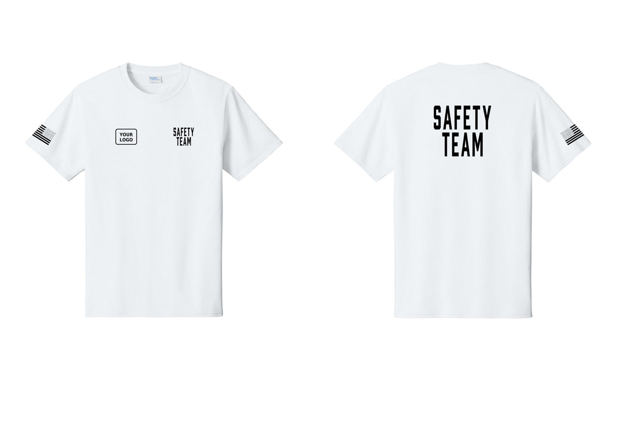 NYC Factory Custom Logo Safety Team T-Shirt for Events, Venues & Volunteers (Classic) - SAFETY TEAM + Your Logo + Back + US Flag Sleeve - White