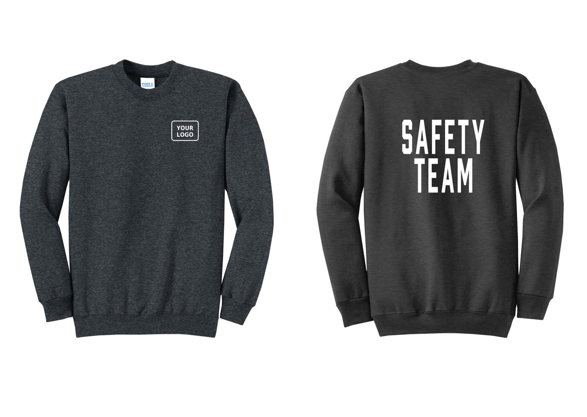 NYC Factory Custom Logo Safety Team Cotton Fleece Crewneck Sweatshirt (Classic) - Your Logo + Back - Dark Heather Grey