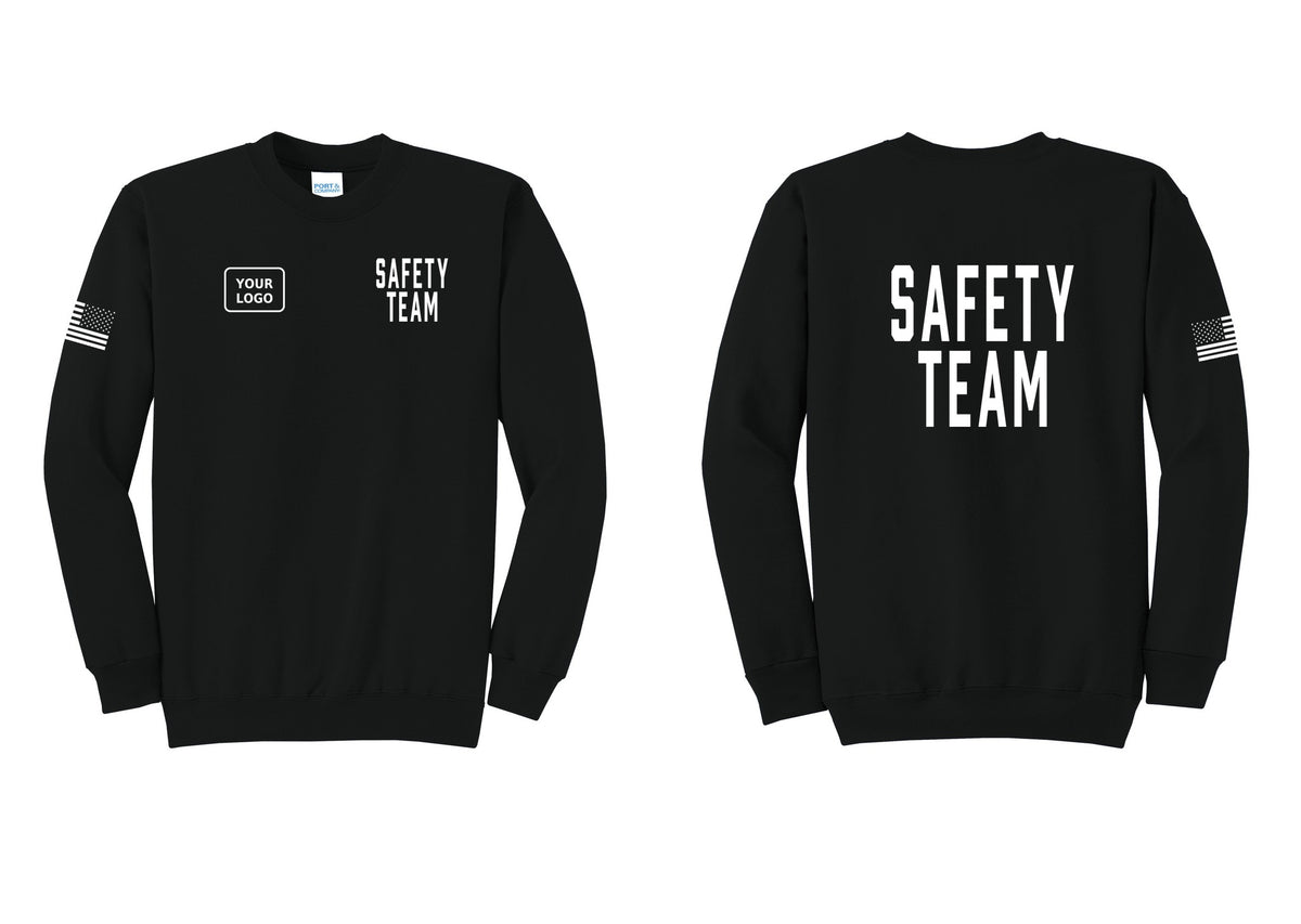 NYC Factory Custom Logo Safety Team Cotton Fleece Crewneck Sweatshirt (Classic) - SAFETY TEAM + Your Logo + Back + US Flag Sleeve - Black