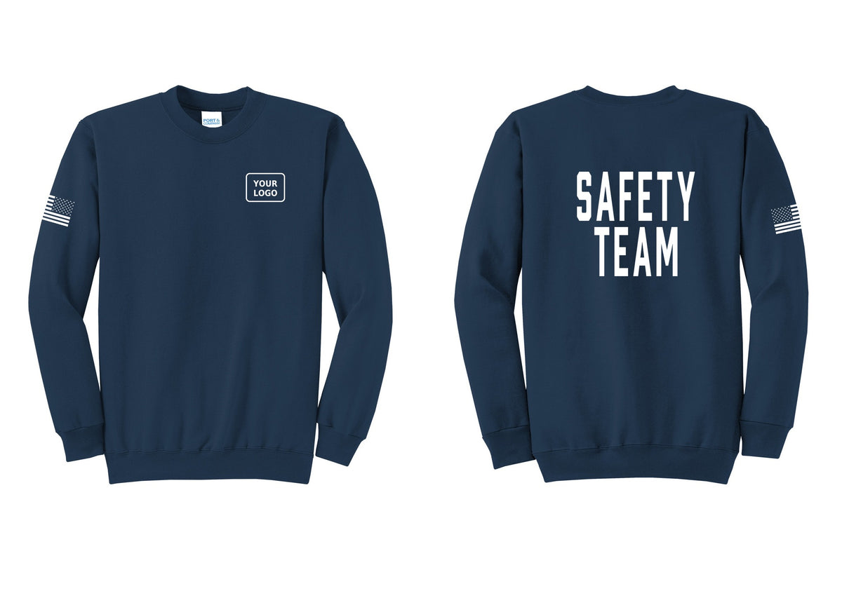 NYC Factory Custom Logo Safety Team Cotton Fleece Crewneck Sweatshirt (Classic) - Your Logo + Back + US Flag Sleeve - Navy