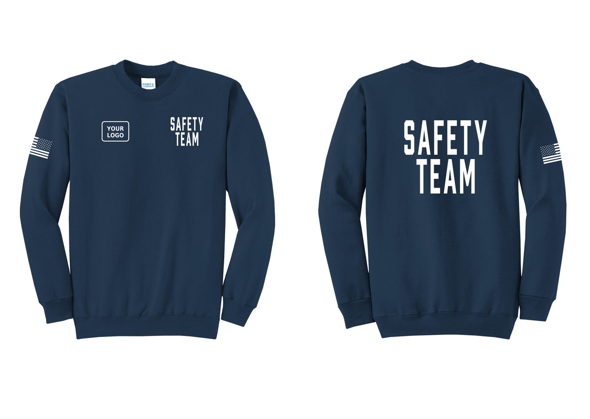 NYC Factory Custom Logo Safety Team Cotton Fleece Crewneck Sweatshirt (Classic) - SAFETY TEAM + Your Logo + Back + US Flag Sleeve - Navy