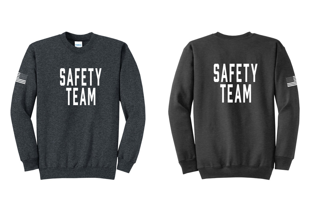NYC Factory Safety Team Cotton Fleece Crewneck Sweatshirt (Classic) - Front + Back + US Flag Sleeve - Dark Heather Grey