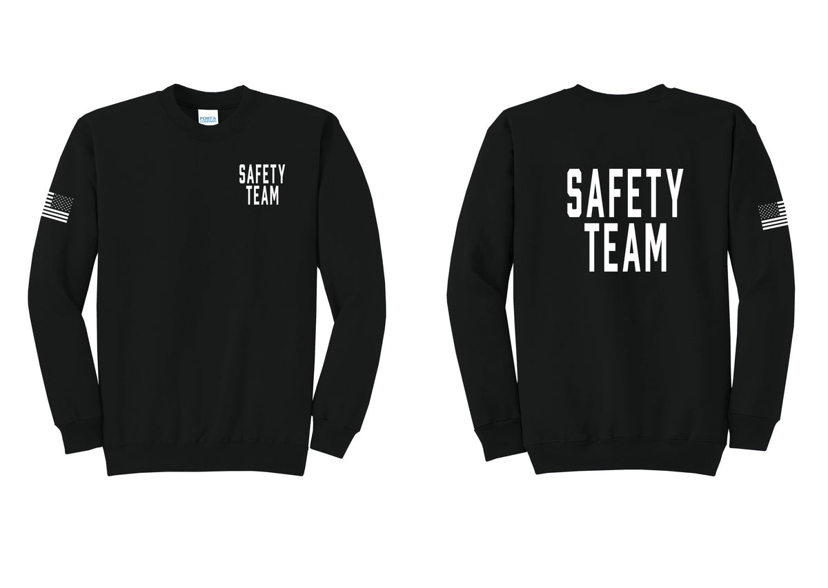 NYC Factory Safety Team Cotton Fleece Crewneck Sweatshirt (Classic) - Chest + Back + US Flag Sleeve - Black