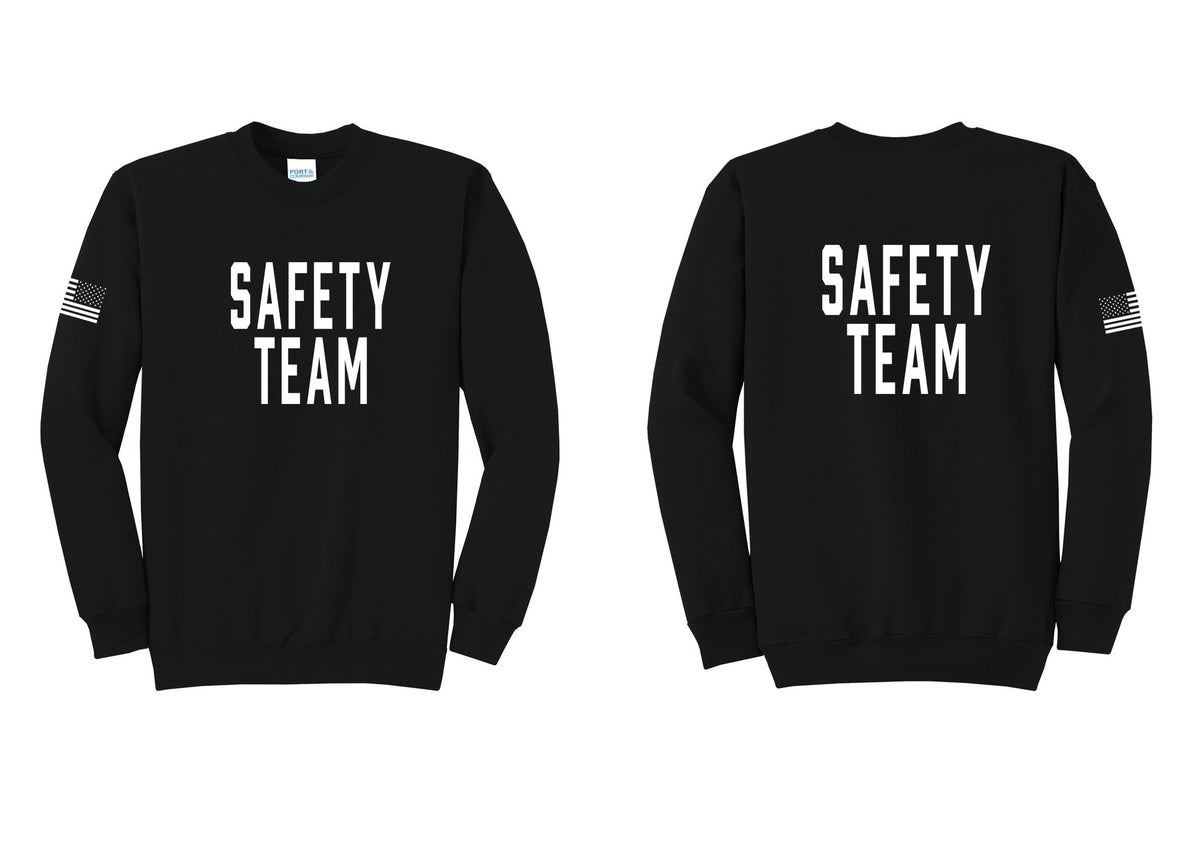 NYC Factory Safety Team Cotton Fleece Crewneck Sweatshirt (Classic) - Front + Back + US Flag Sleeve - Black