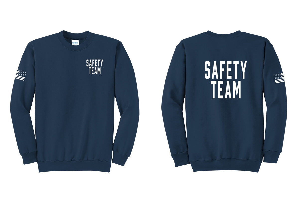 NYC Factory Safety Team Cotton Fleece Crewneck Sweatshirt (Classic) - Chest + Back + US Flag Sleeve - Navy