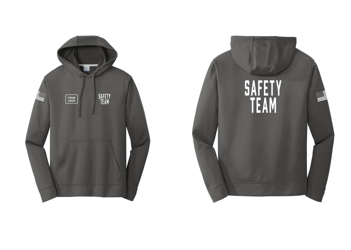 NYC Factory Custom Logo Safety Team Performance Hooded Fleece Pullover Sweatshirt (Classic) - SAFETY TEAM + Your Logo + Back + US Flag Sleeve - Charcoal