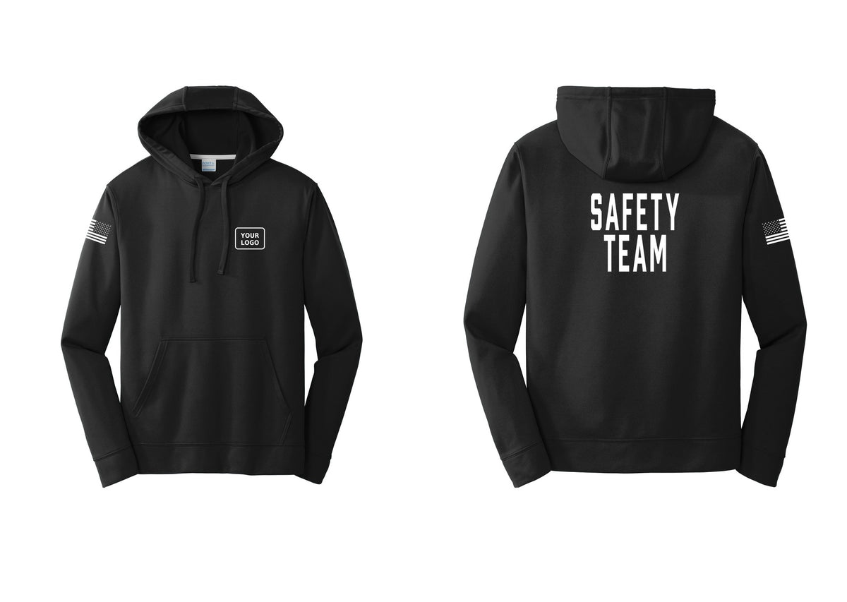 NYC Factory Custom Logo Safety Team Performance Hooded Fleece Pullover Sweatshirt (Classic) - Your Logo + Back + US Flag Sleeve - Black