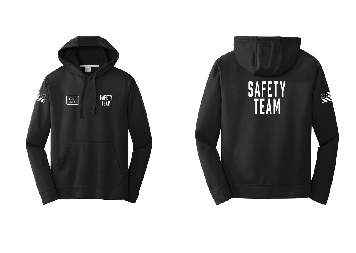 NYC Factory Custom Logo Safety Team Performance Hooded Fleece Pullover Sweatshirt (Classic) - SAFETY TEAM + Your Logo + Back + US Flag Sleeve - Black