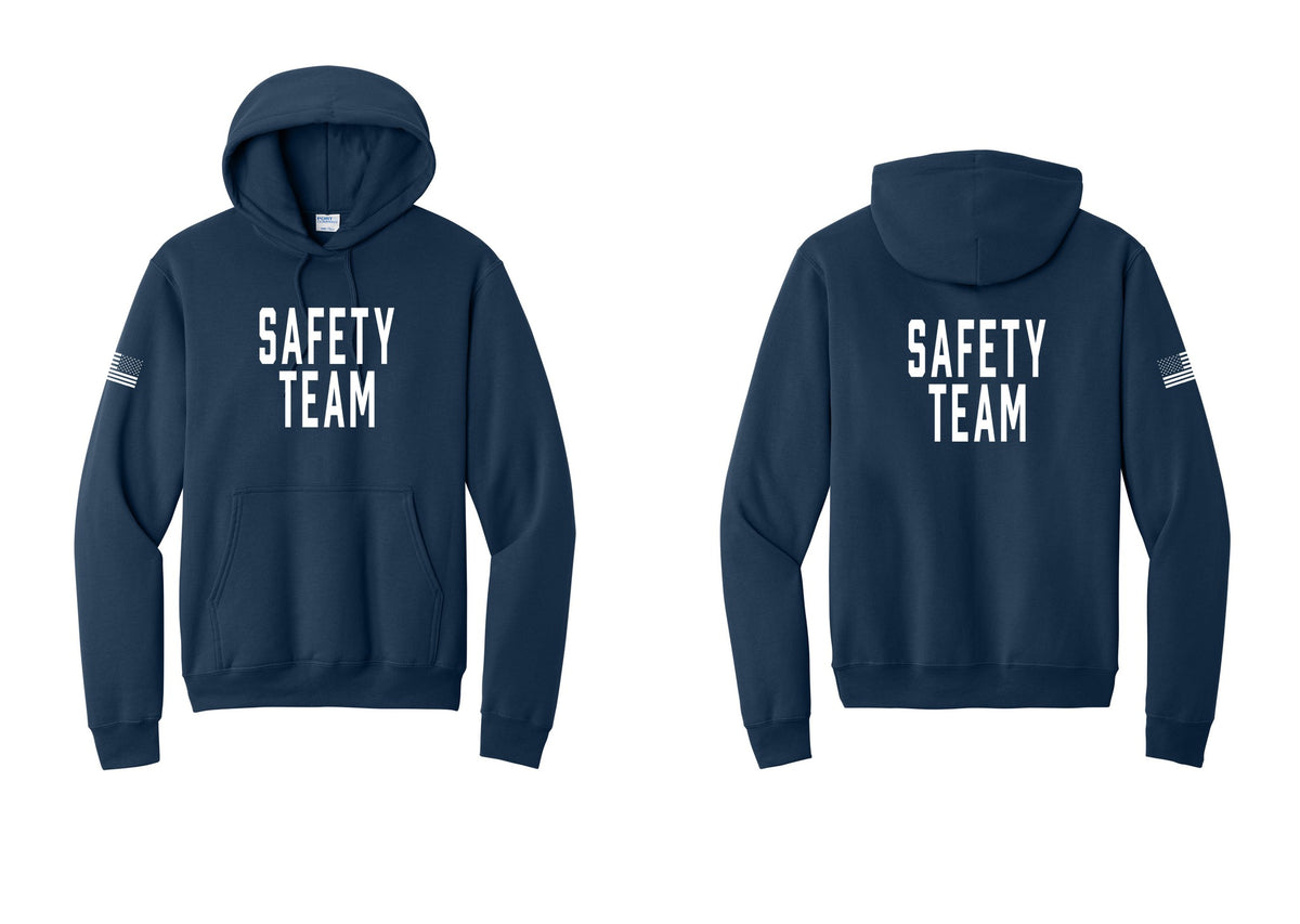 NYC Factory Safety Team Cotton Fleece Pullover Hoodie (Classic) - Front + Back + US Flag Sleeve - Navy