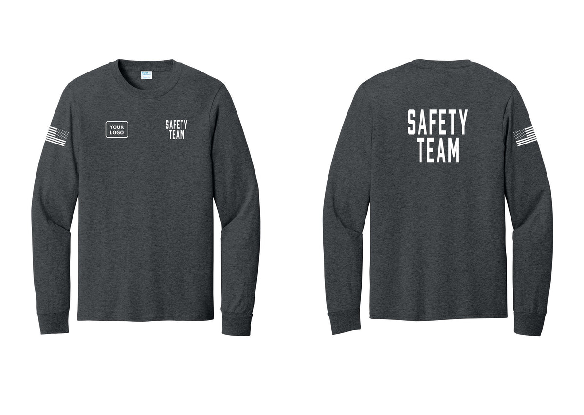 NYC Factory Custom Logo Safety Team Cotton Long Sleeve T-Shirt (Classic) - SAFETY TEAM + Your Logo + Back + US Flag Sleeve - Dark Heather Grey