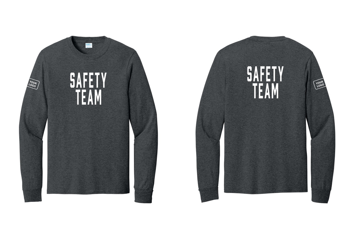 NYC Factory Custom Logo Safety Team Cotton Long Sleeve T-Shirt (Classic) - Front + Back + Your Logo Sleeve - Dark Heather Grey