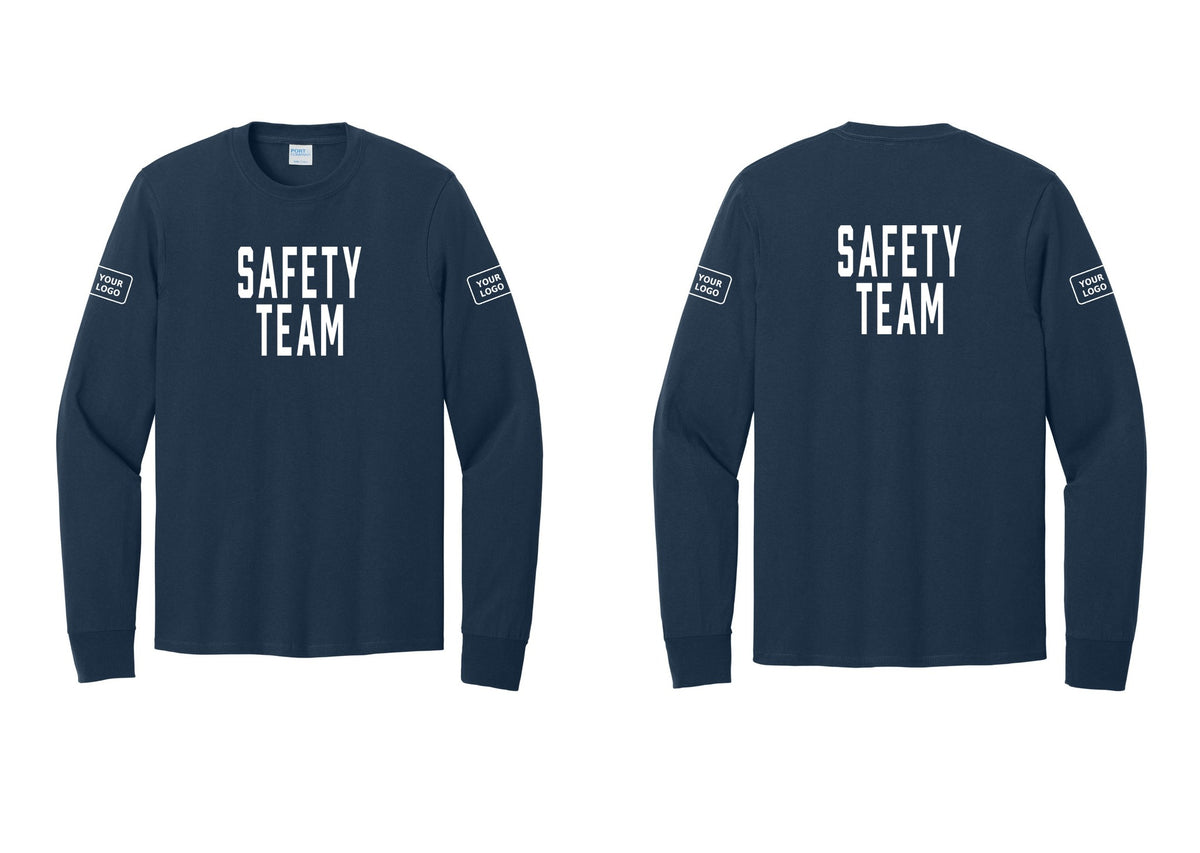 NYC Factory Custom Logo Safety Team Cotton Long Sleeve T-Shirt (Classic) - Front + Back + Your Logo Sleeves - Navy