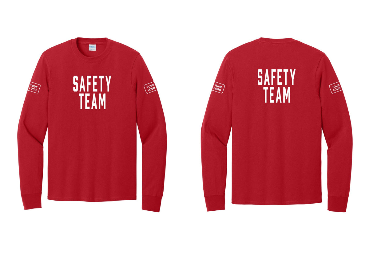 NYC Factory Custom Logo Safety Team Cotton Long Sleeve T-Shirt (Classic) - Front + Back + Your Logo Sleeves - Red