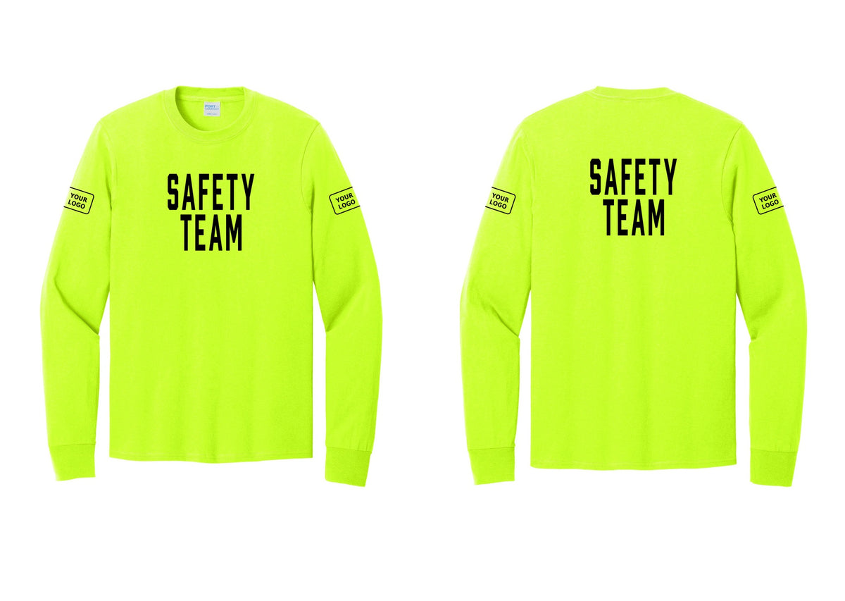 NYC Factory Custom Logo Safety Team Cotton Long Sleeve T-Shirt (Classic) - Front + Back + Your Logo Sleeves - Safety Green