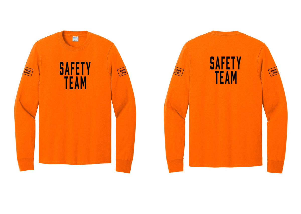 NYC Factory Custom Logo Safety Team Cotton Long Sleeve T-Shirt (Classic) - Front + Back + Your Logo Sleeves - Safety Orange