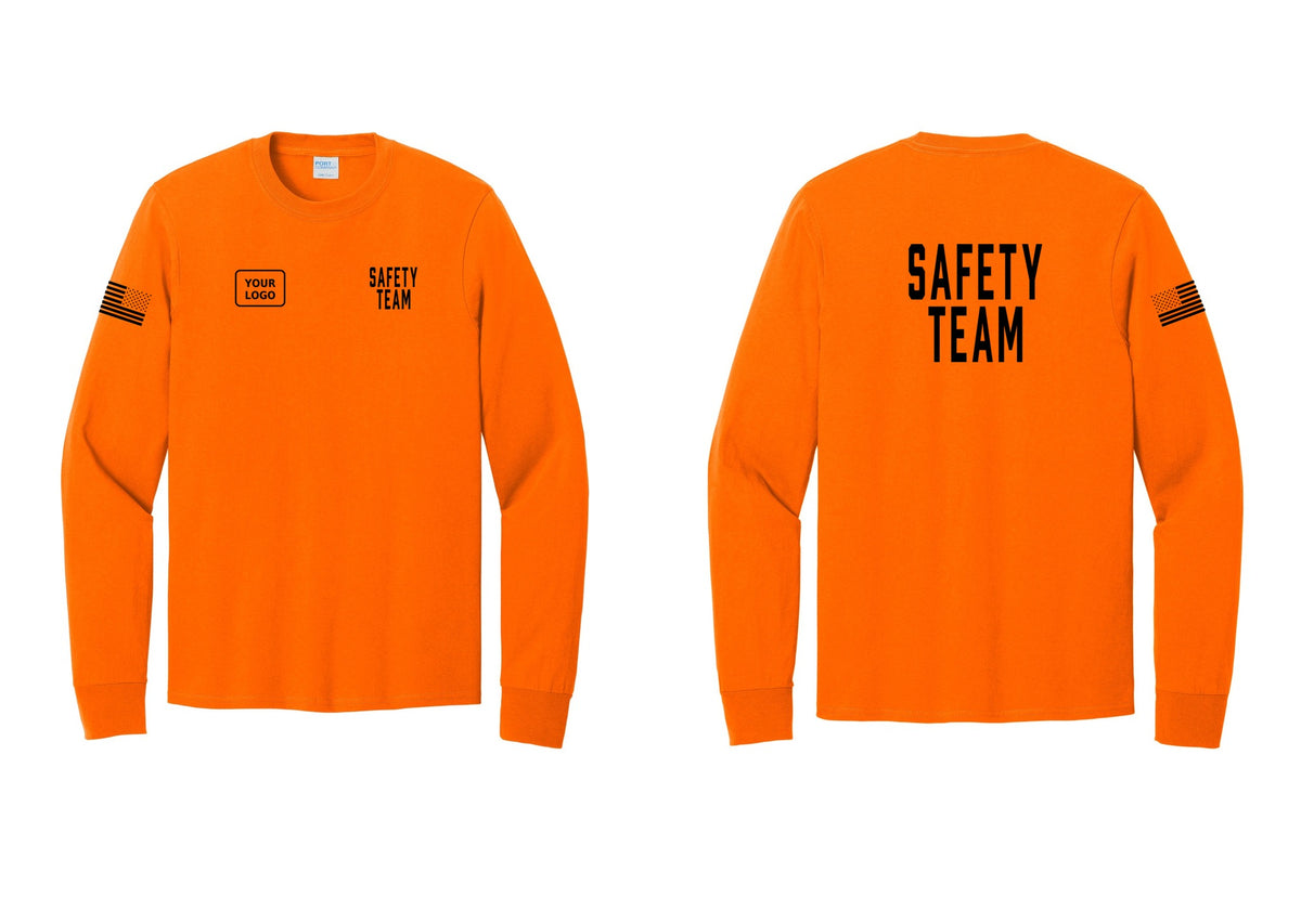 NYC Factory Custom Logo Safety Team Cotton Long Sleeve T-Shirt (Classic) - SAFETY TEAM + Your Logo + Back + US Flag Sleeve - Safety Orange