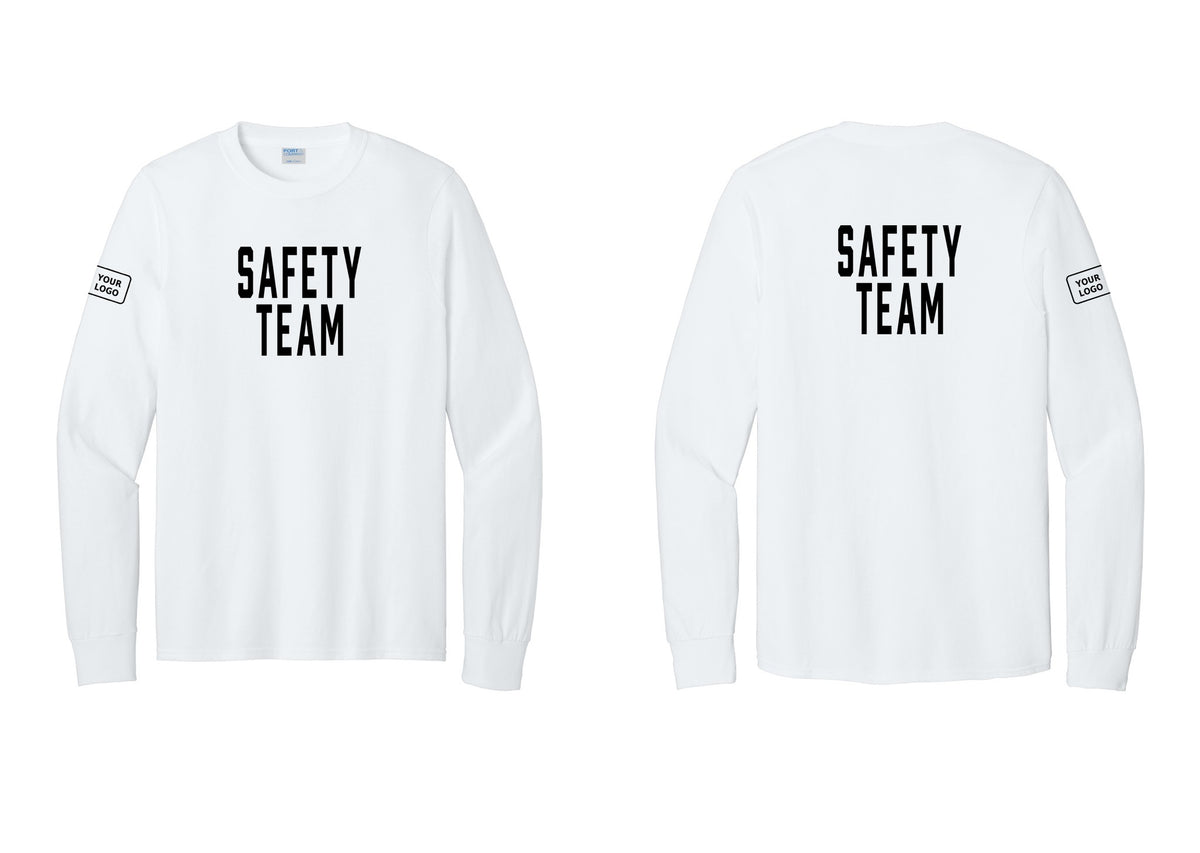 NYC Factory Custom Logo Safety Team Cotton Long Sleeve T-Shirt (Classic) - Front + Back + Your Logo Sleeve - White