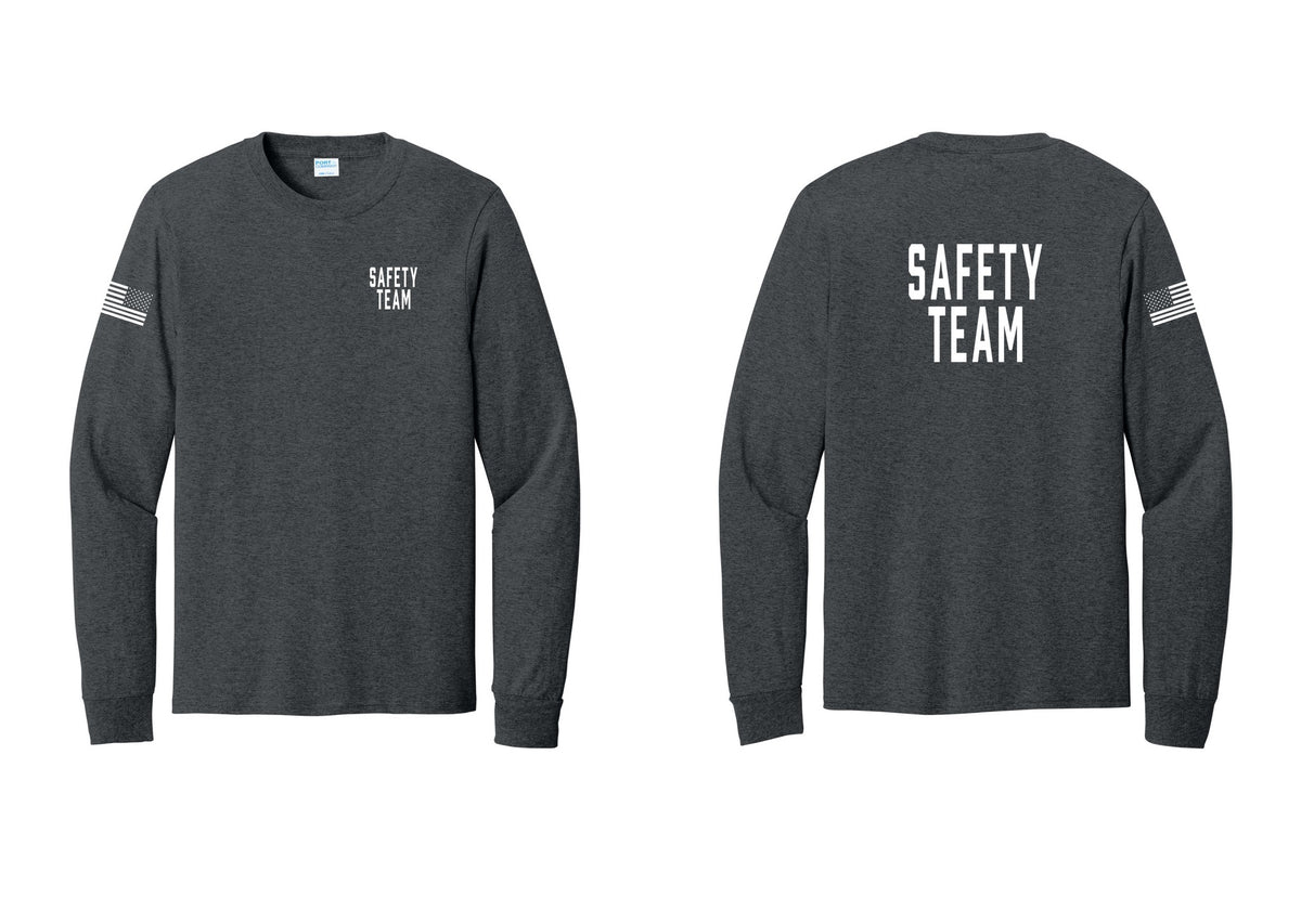 NYC Factory Safety Team Cotton Long Sleeve T-Shirt (Classic) - Chest + Back + US Flag Sleeve - Dark Heather Grey
