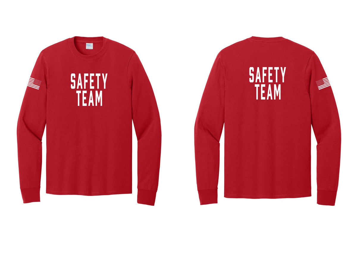 NYC Factory Safety Team Cotton Long Sleeve T-Shirt (Classic) - Front + Back + US Flag Sleeve - Red