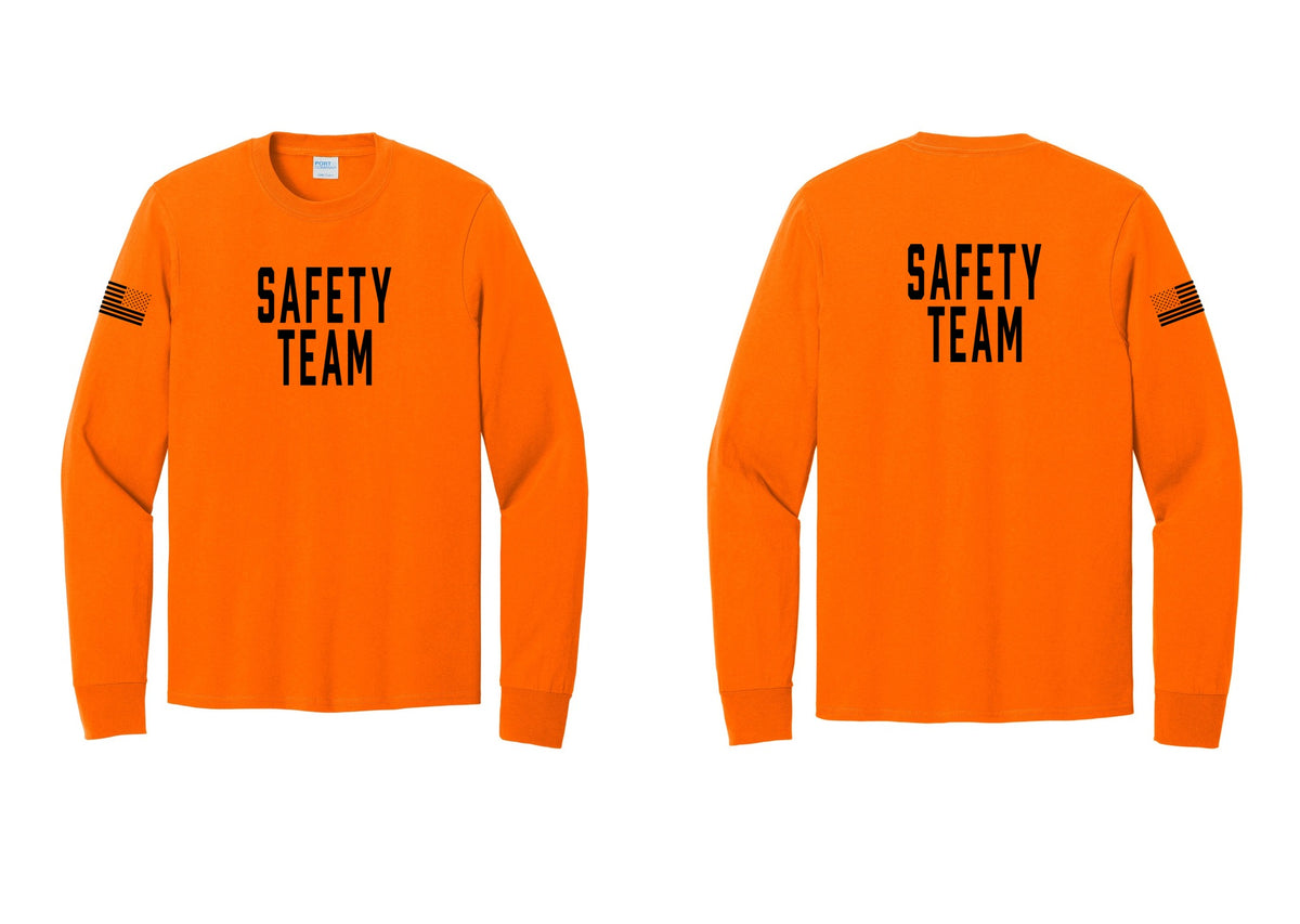 NYC Factory Safety Team Cotton Long Sleeve T-Shirt (Classic) - Front + Back + US Flag Sleeve - Safety Orange