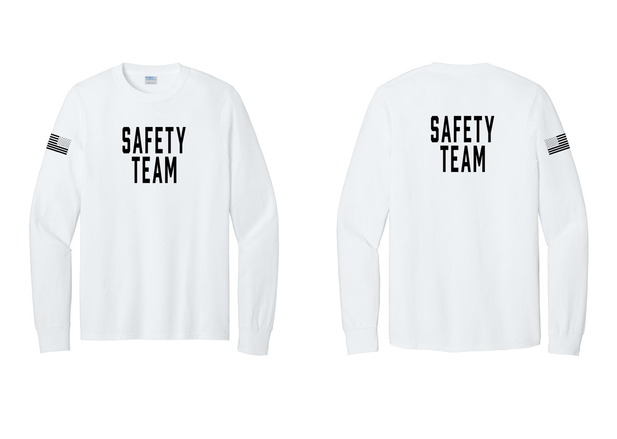 NYC Factory Safety Team Cotton Long Sleeve T-Shirt (Classic) - Front + Back + US Flag Sleeve - White