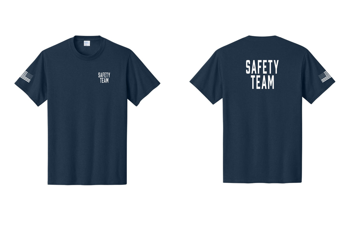NYC Factory Safety Team T-Shirt for Events, Venues & Volunteers (Classic) - Chest + Back + US Flag Sleeve - Navy