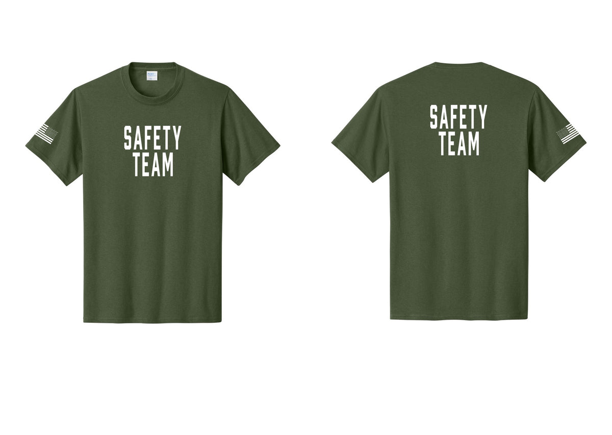 NYC Factory Safety Team T-Shirt for Events, Venues & Volunteers (Classic) - Front + Back + US Flag Sleeve - Olive