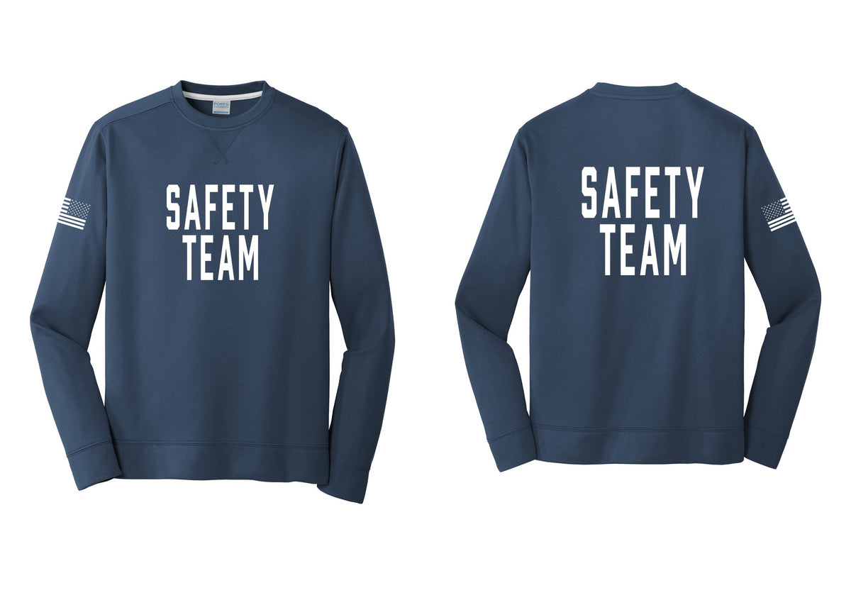 NYC Factory Safety Team Performance Fleece Crewneck Sweatshirt (Classic) - Front + Back + US Flag Sleeve - Navy