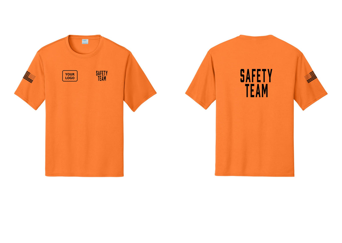 NYC Factory Custom Logo Safety Team Performance T-Shirt (Classic) - SAFETY TEAM + Your Logo + Back + US Flag Sleeve - Neon Orange