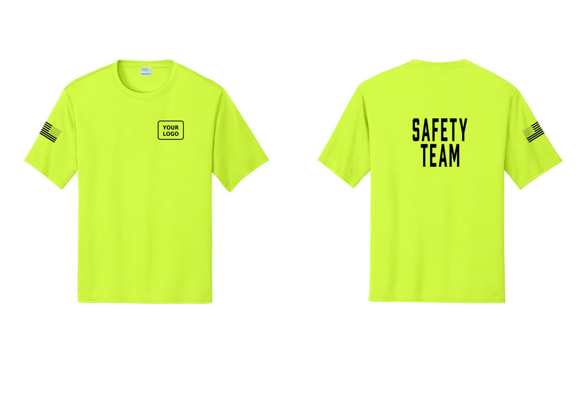 NYC Factory Custom Logo Safety Team Performance T-Shirt (Classic) - Your Logo + Back + US Flag Sleeve - Neon Yellow