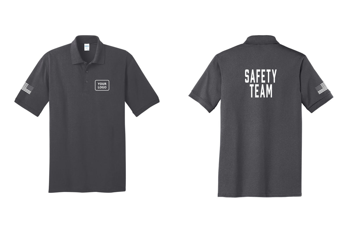 NYC Factory Custom Logo Safety Team Polo Shirt (Classic) - Your Logo + Back + US Flag Sleeve - Charcoal